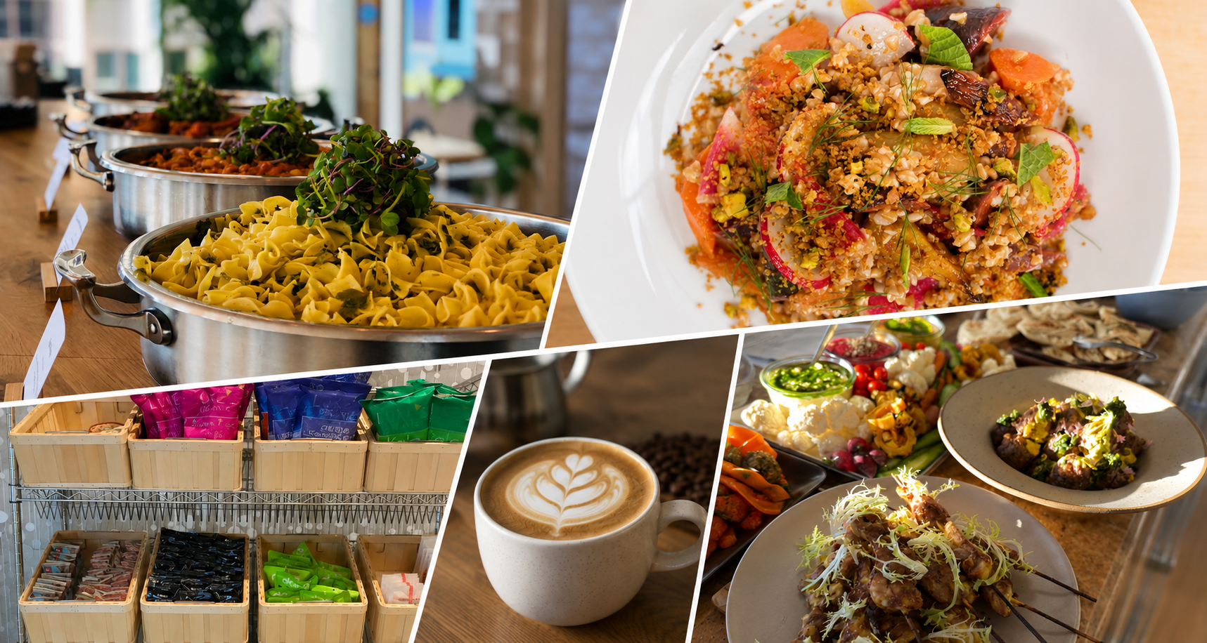 A collage of Just Fare offerings: catering buffet, chef-made grain bowl, stocked pantry snacks, fresh coffee, and event catering spreads